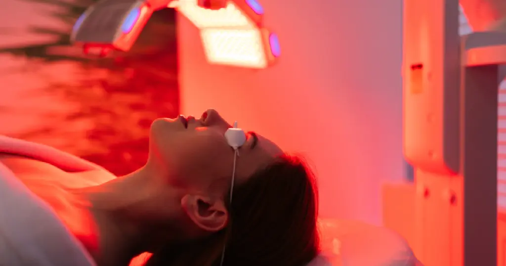 Woman lying under a red light therapy device with protective eye goggles during a skin rejuvenation treatment in Harbor City, CA.